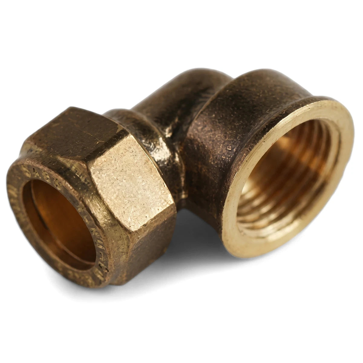 Brass 90-degree CXFI elbow pipe fitting with a compression nut, featuring threaded ends, shown from an elevated angle.