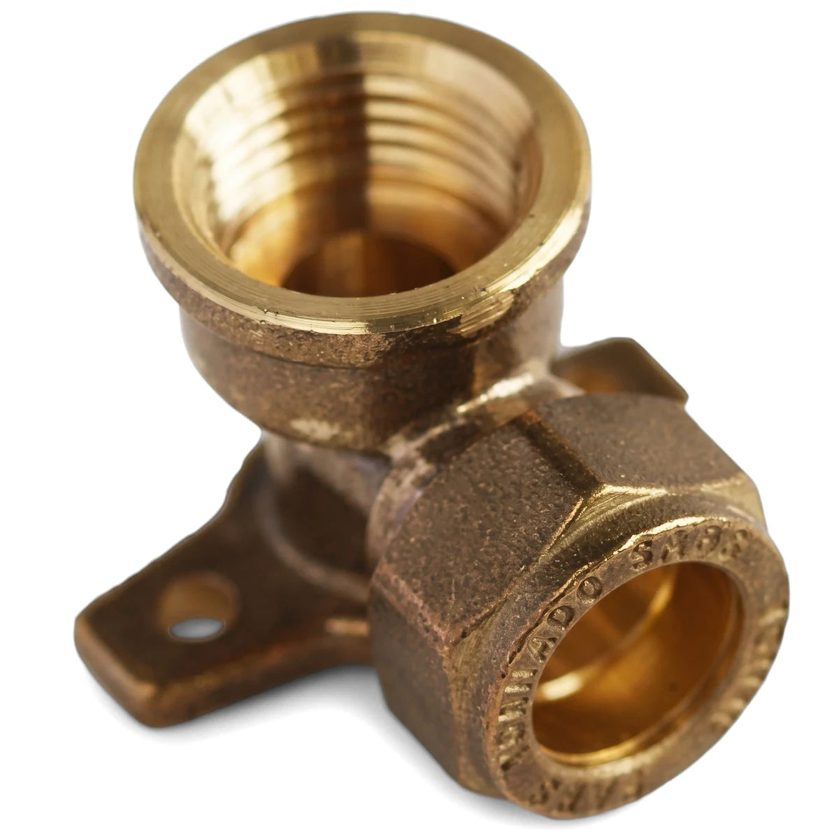 CXFI Wallplate Elbow in brass, a plumbing compression fitting with a threaded end and a mounting tab, viewed from an angle.