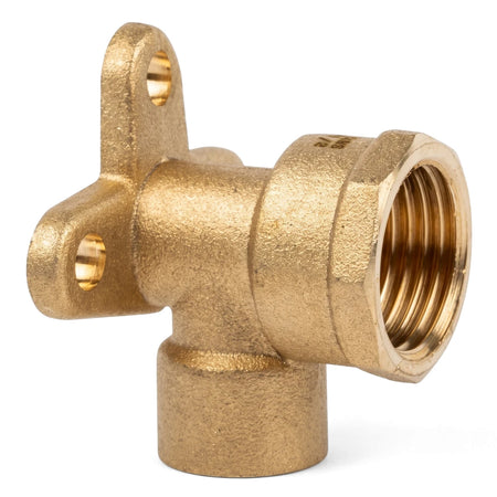 CXFI Wallplate Elbow in brass, featuring a threaded female connection and two mounting holes for secure installation.