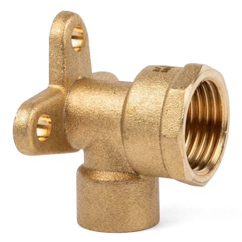 CXFI Wallplate Elbow in brass, featuring a threaded female connection and two mounting holes for secure installation.