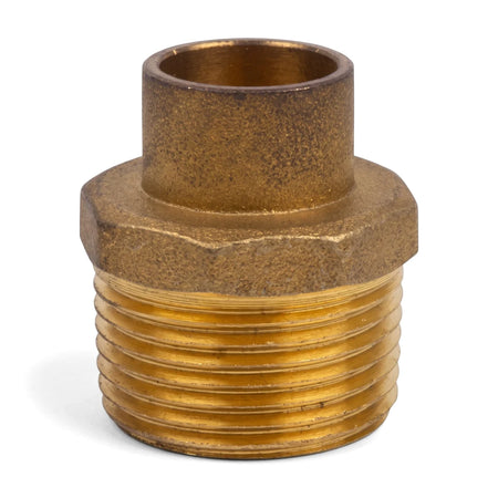 Brass CXMI coupler with a threaded male end and a smooth female end, designed for plumbing applications, depicted on a white