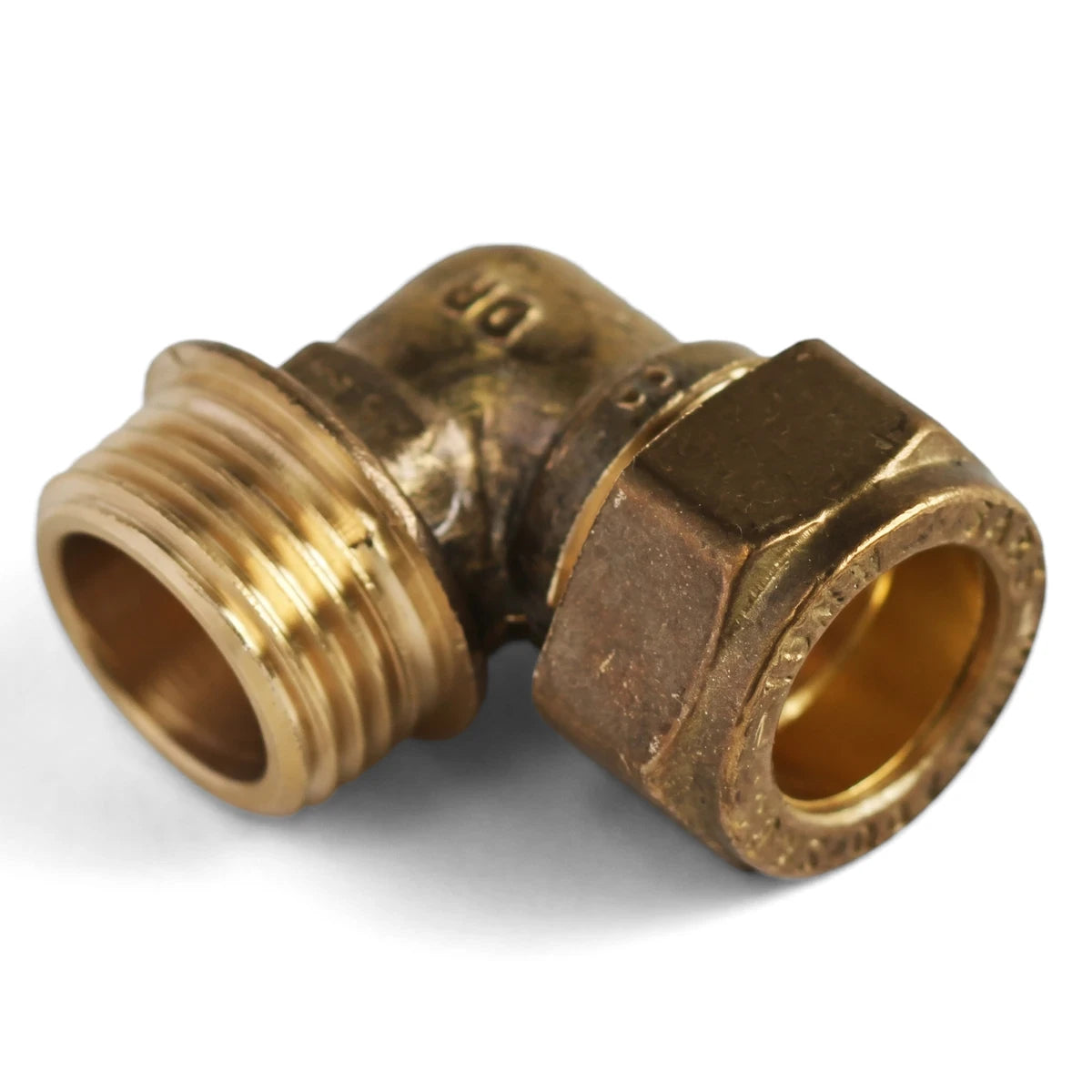 Angled brass CXMI elbow plumbing fitting with threaded and compression connections, shown on a white background.
