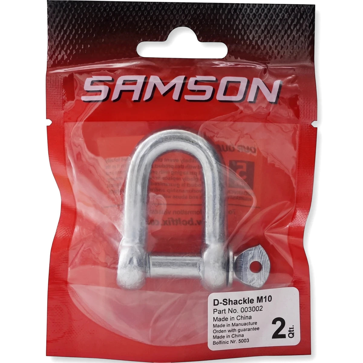 Silver metal D Shackle M10 Padlock in clear red plastic packaging, featuring the SAMSON logo and a 5-year warranty.