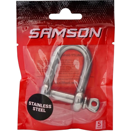 Stainless steel M10 D shackle padlock in red Samson branded retail packaging, showcasing product details and warranty.