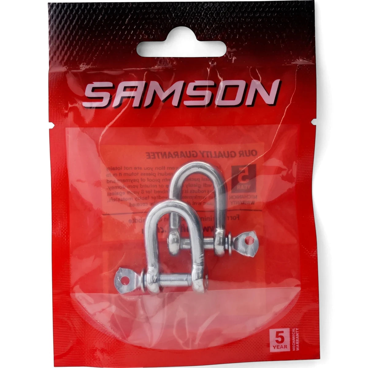 Two silver M5 D-shackles, packaged in a transparent red Samson plastic bag, with pins visible inside.