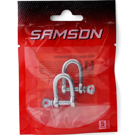 Two silver M5 D-shackles, packaged in a transparent red Samson plastic bag, with pins visible inside.