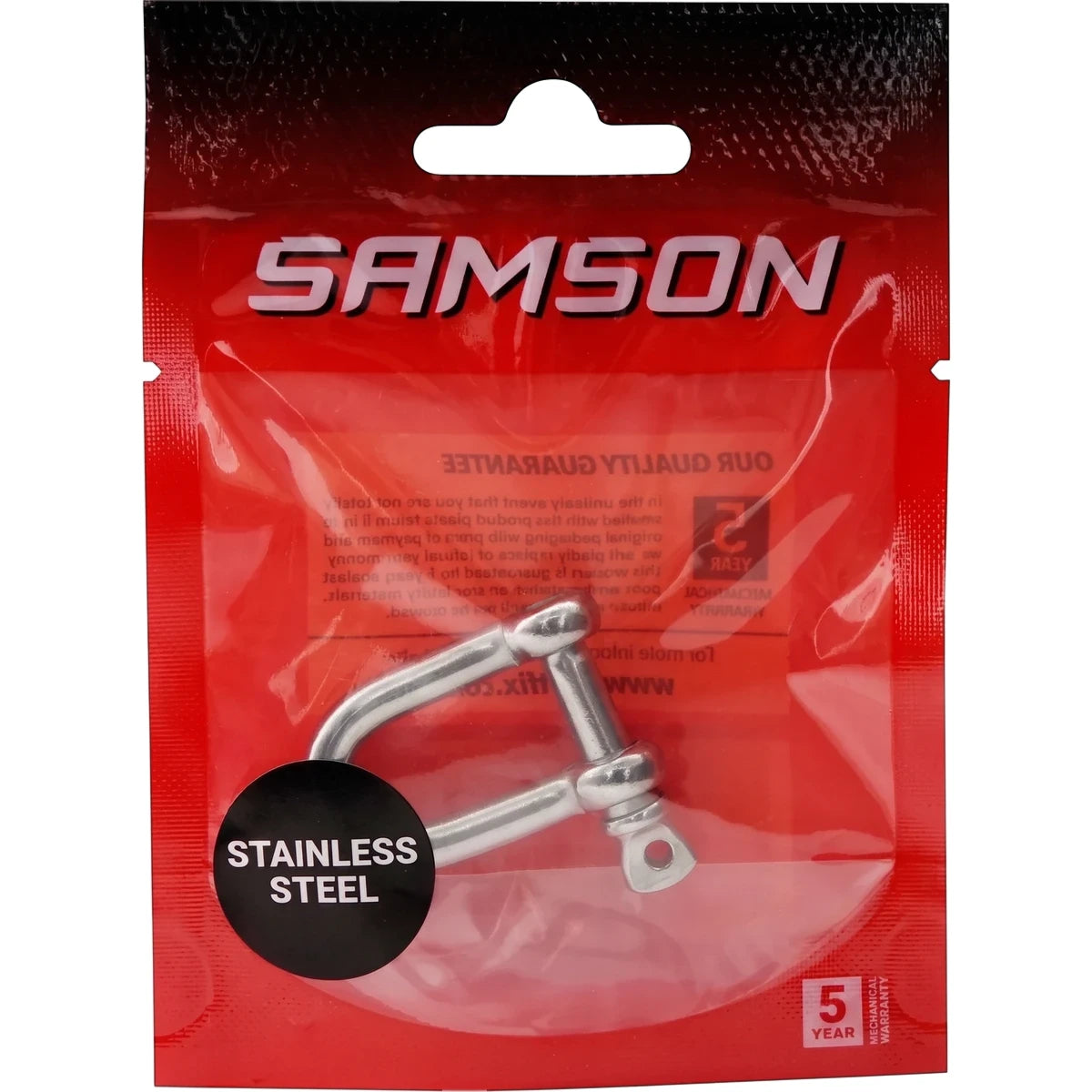 Stainless steel M6 D shackle padlock in red Samson brand plastic packaging, featuring a secure pin. One piece per bag.