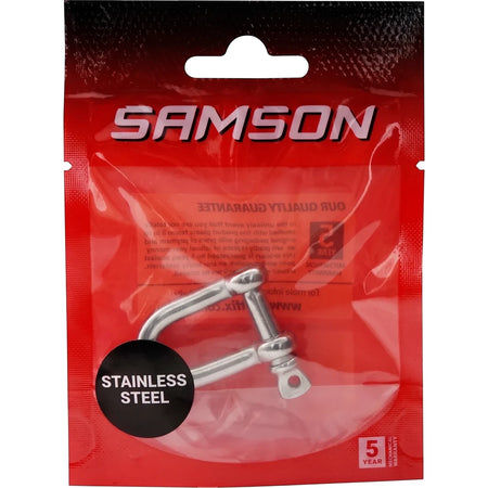 Stainless steel M6 D shackle padlock in red Samson brand plastic packaging, featuring a secure pin. One piece per bag.