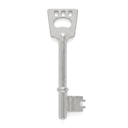 D86 key blank in silver metal, front view with rectangular head hole and uncut blade for lock key cutting.