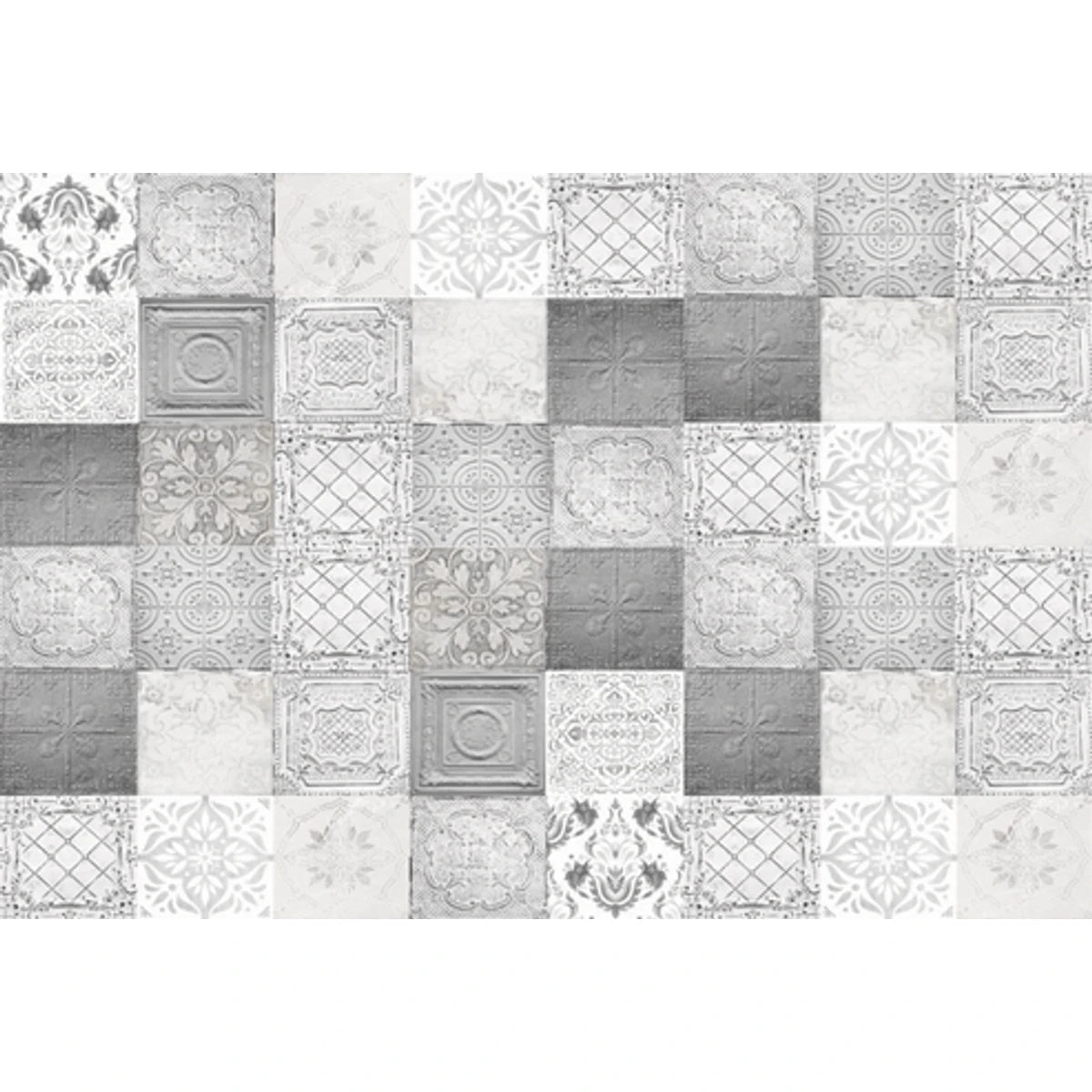 Dainty Grey decoupage sheet with a decorative tile pattern featuring ornate, geometric, and pressed metal designs in shades