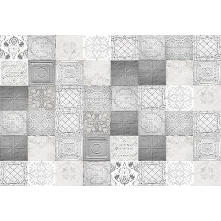 Dainty Grey decoupage sheet with a decorative tile pattern featuring ornate, geometric, and pressed metal designs in shades