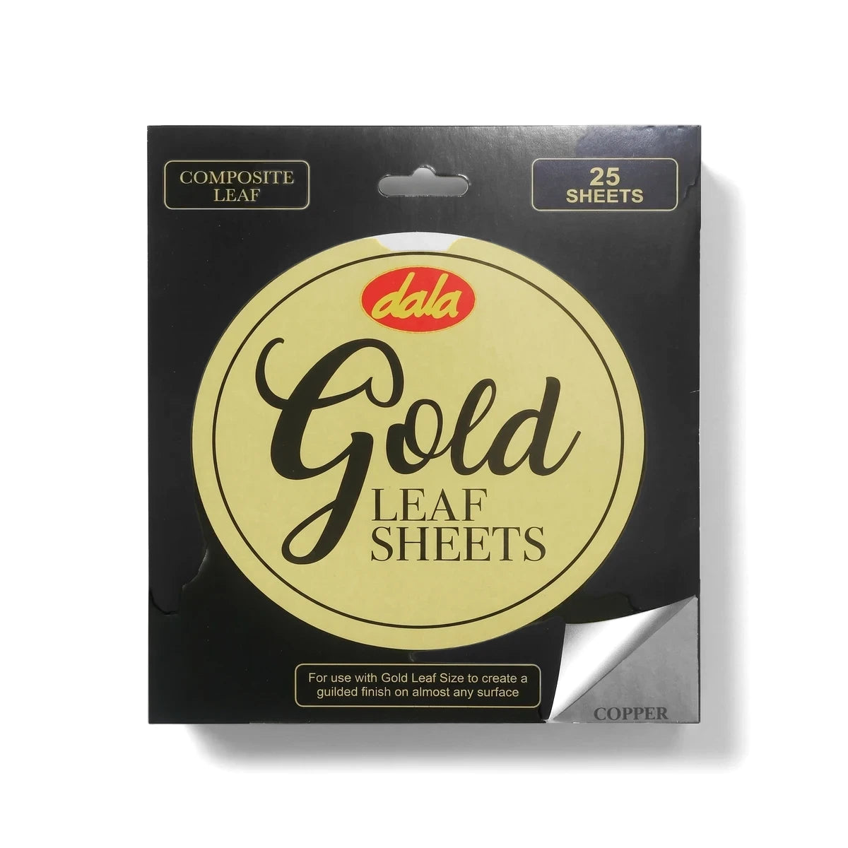 Black box of Dala Composite Copper Leaf Sheets with a gold label, showing a corner sample of copper leaf, 25 sheets.