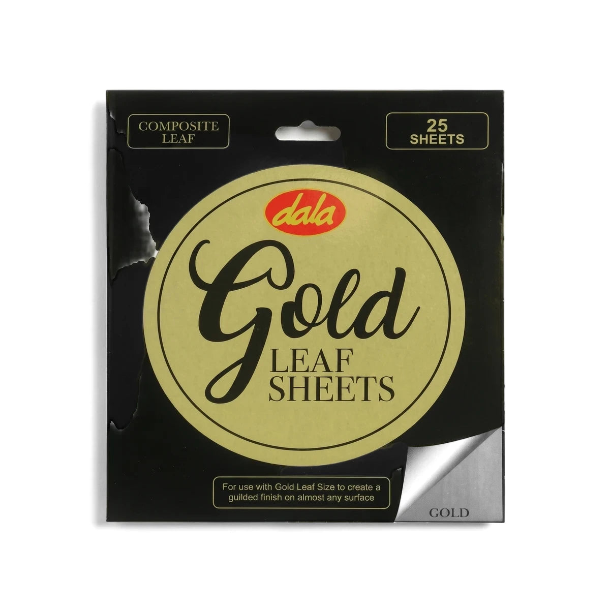 Dala Composite Gold Leaf Sheets in black and gold packaging, containing 25 sheets for gilding projects.