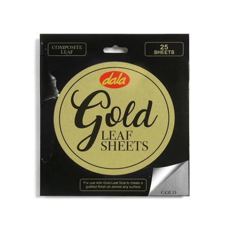 Dala Composite Gold Leaf Sheets in black and gold packaging, containing 25 sheets for gilding projects.