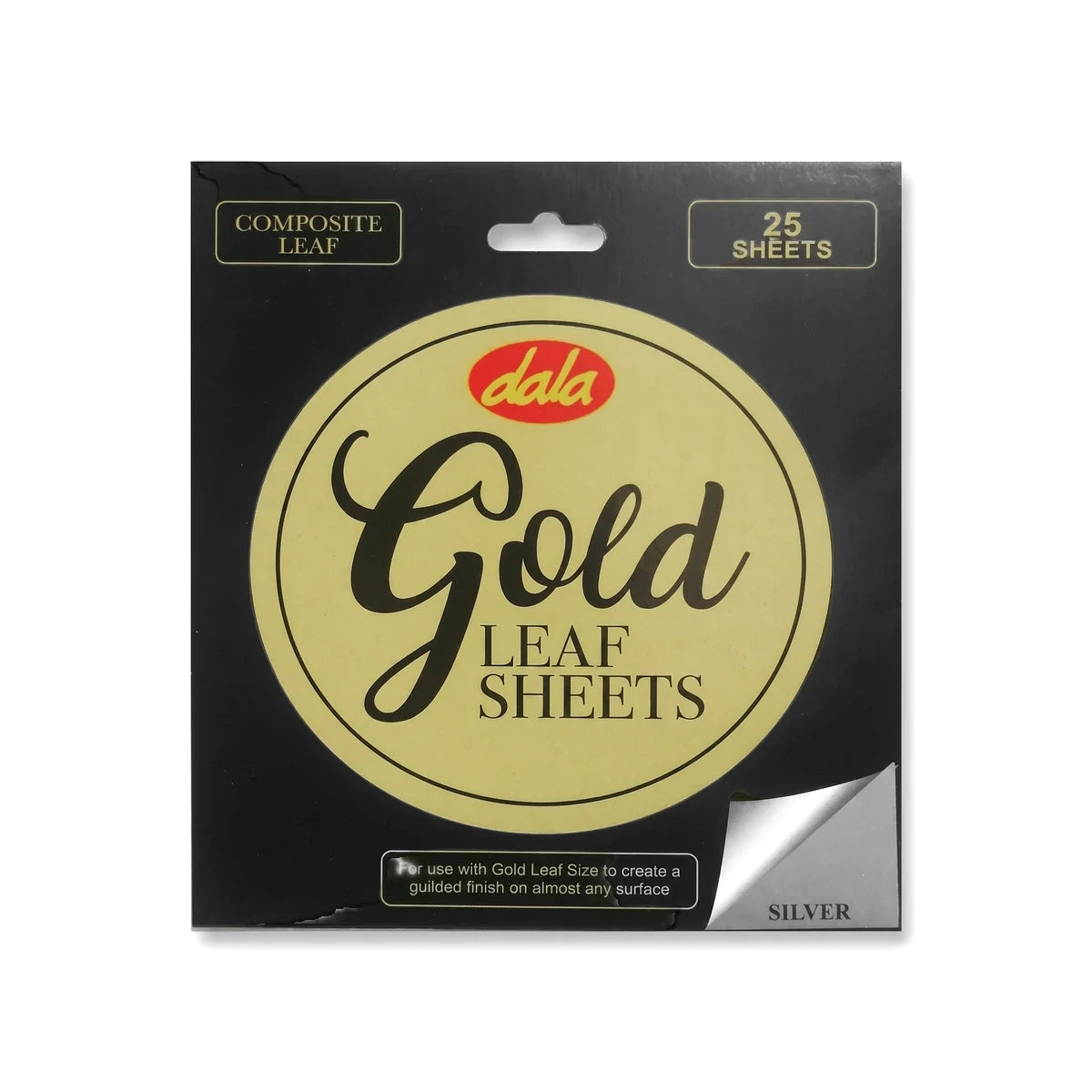 Black Dala Composite Silver Leaf Sheets package featuring a gold logo and 25 sheets, with a peeled corner revealing silver