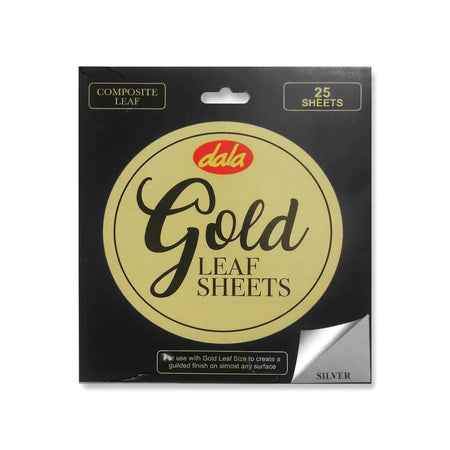 Black Dala Composite Silver Leaf Sheets package featuring a gold logo and 25 sheets, with a peeled corner revealing silver