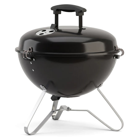 Black 37cm portable charcoal kettle barbecue grill with lid and stand, viewed at a slight angle.