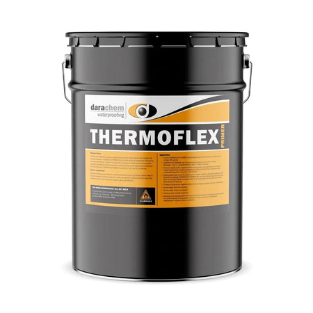 Black bucket of Darachem Thermoflex Primer, a waterproofing solvent-based bitumen primer, shown from the front.