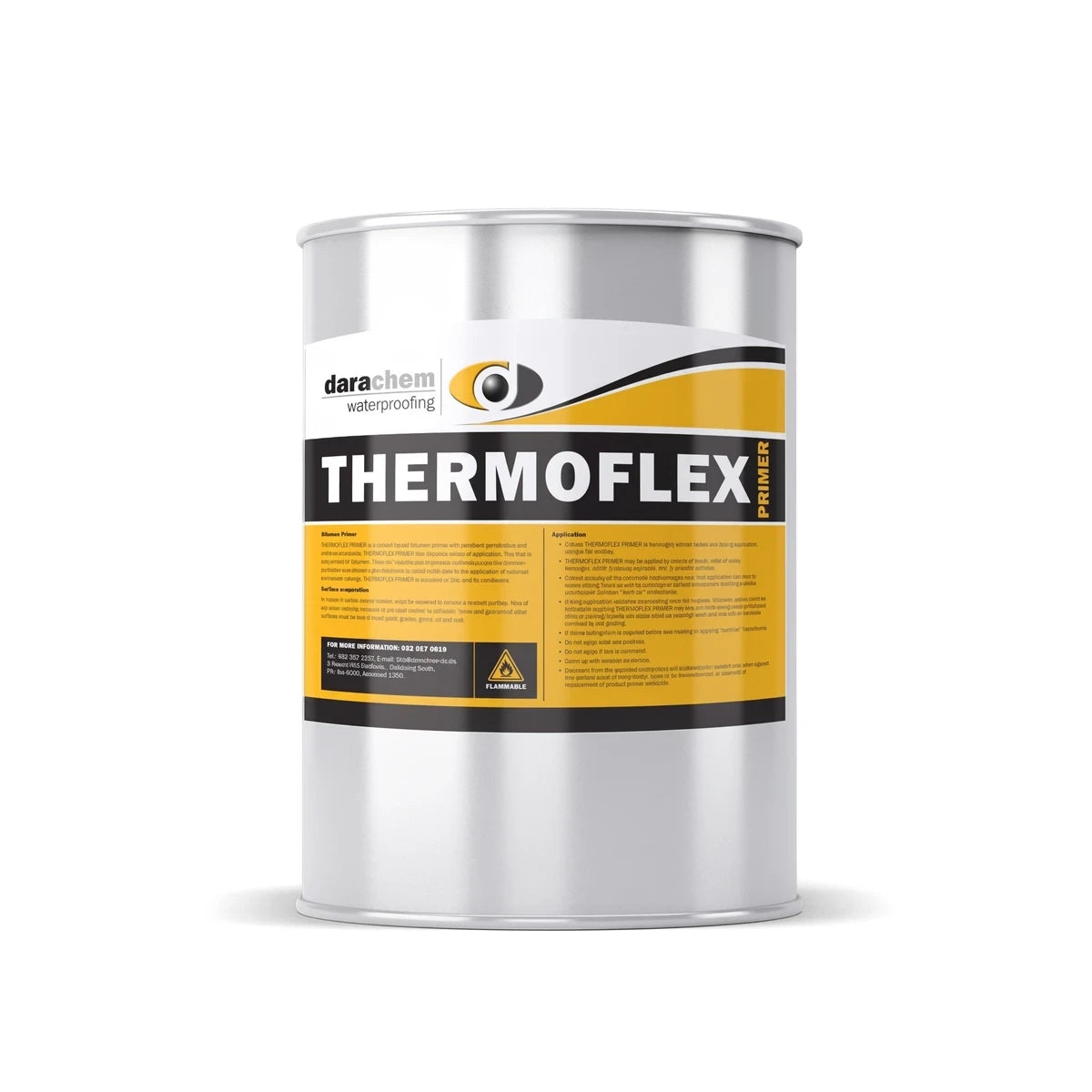 A silver Darachem Thermoflex Primer waterproofing paint can with a black and yellow label on a white background.