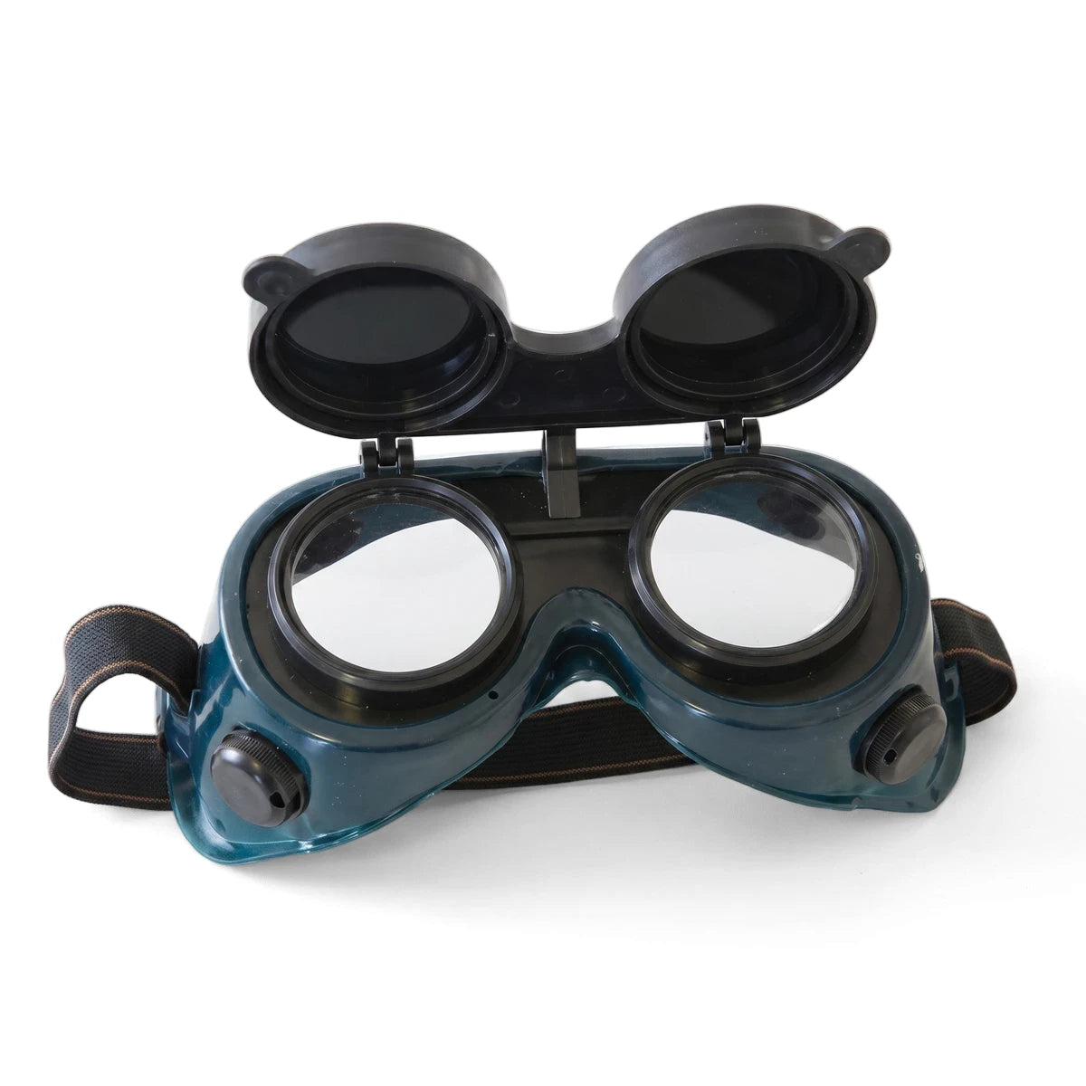Dark blue flip front brazing goggles with black flip-up lenses and an adjustable black strap, shown from a front-facing
