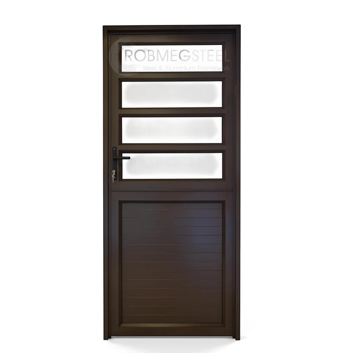 Dark brown aluminium 4 panel door featuring four clear glass top panels and a solid slatted bottom half, with a black handle.