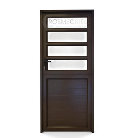 Dark brown aluminium 4 panel door featuring four clear glass top panels and a solid slatted bottom half, with a black handle.