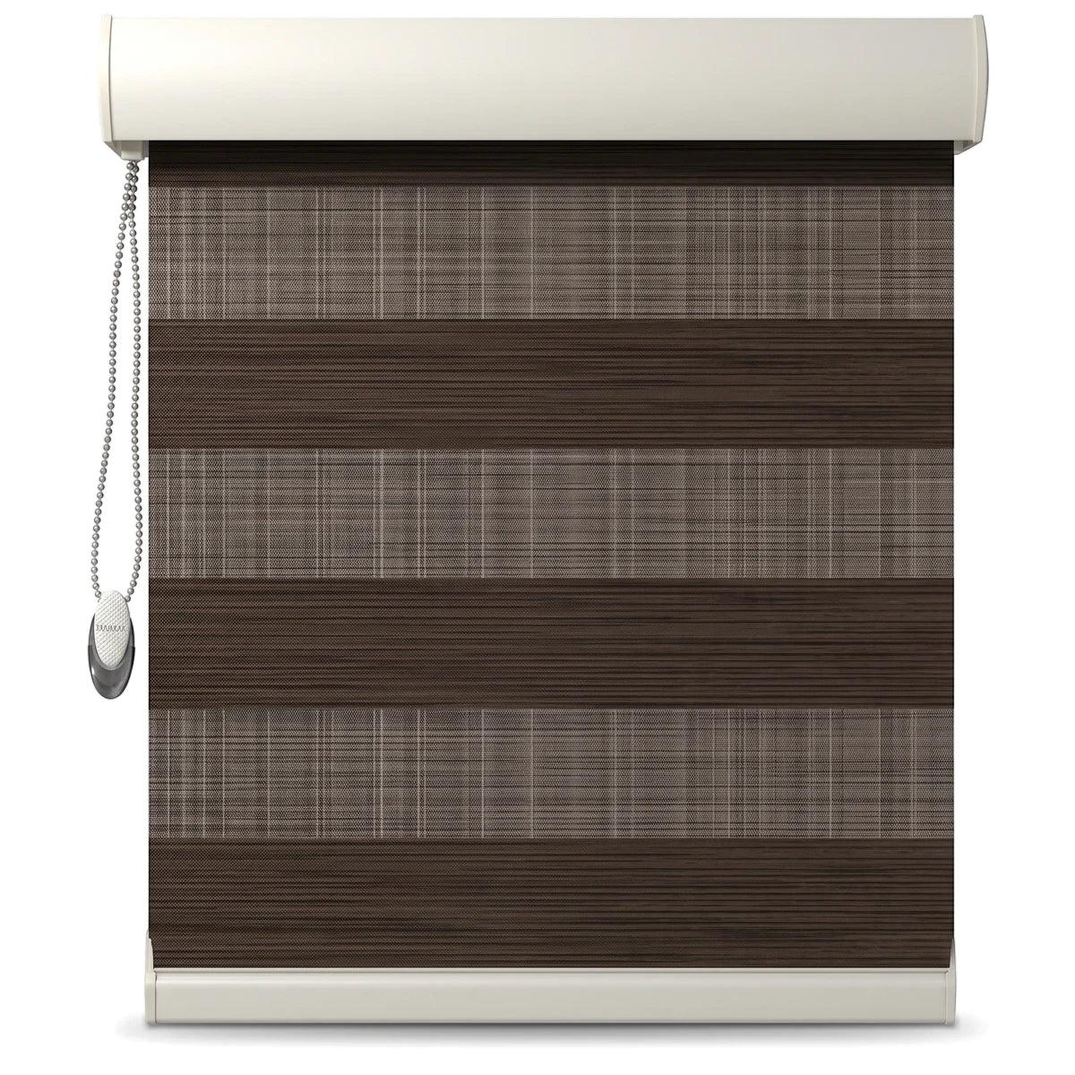 Dark brown striped zebra roller blinds for window treatment, featuring a control chain and semi-sheer panels.