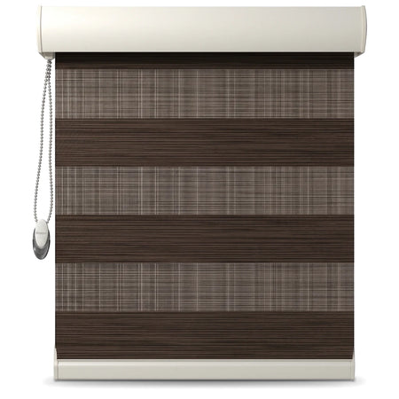 Dark brown striped zebra roller blinds for window treatment, featuring a control chain and semi-sheer panels.