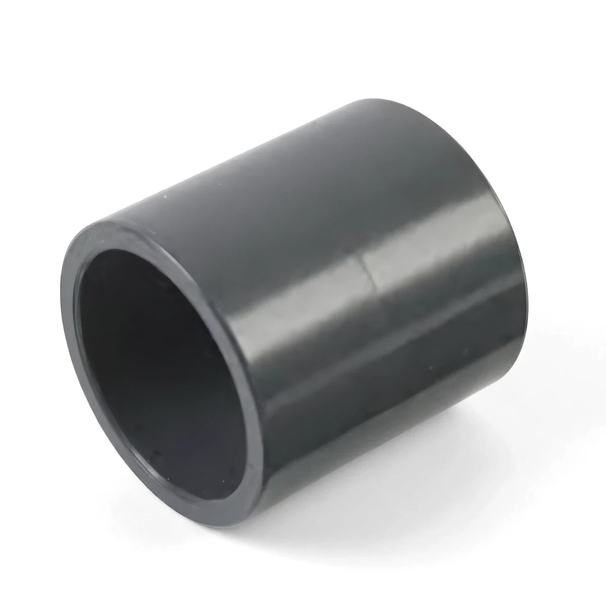 Dark gray 32mm PVC straight connector fitting, shown from an angled perspective, for joining pipes in plumbing.