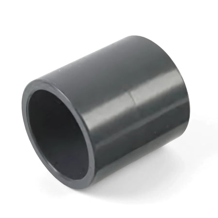Dark gray 32mm PVC straight connector fitting, shown from an angled perspective, for joining pipes in plumbing.