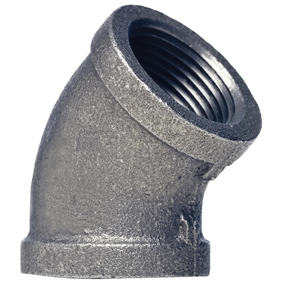 Dark gray galvanized 45-degree elbow with threaded ends for plumbing and piping applications, shown from a slightly elevated