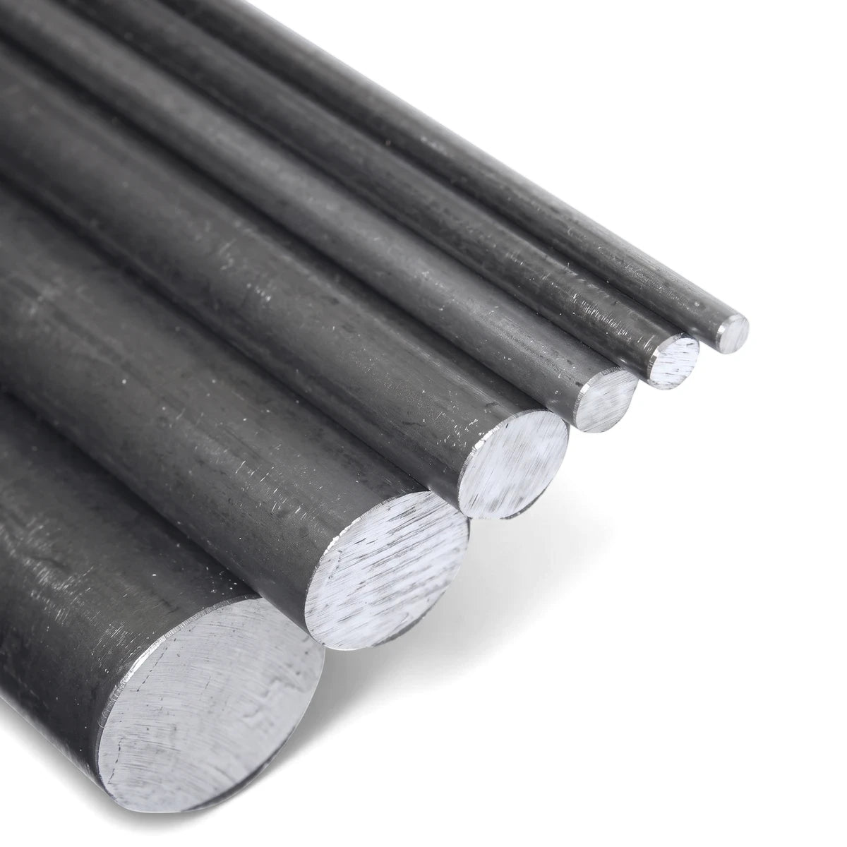Multiple dark gray metal round bars of various diameters, arranged diagonally, showcasing their smooth cylindrical shape and