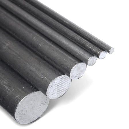 Multiple dark gray metal round bars of various diameters, arranged diagonally, showcasing their smooth cylindrical shape and