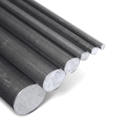 Multiple dark gray metal round bars of various diameters, arranged diagonally, showcasing their smooth cylindrical shape and
