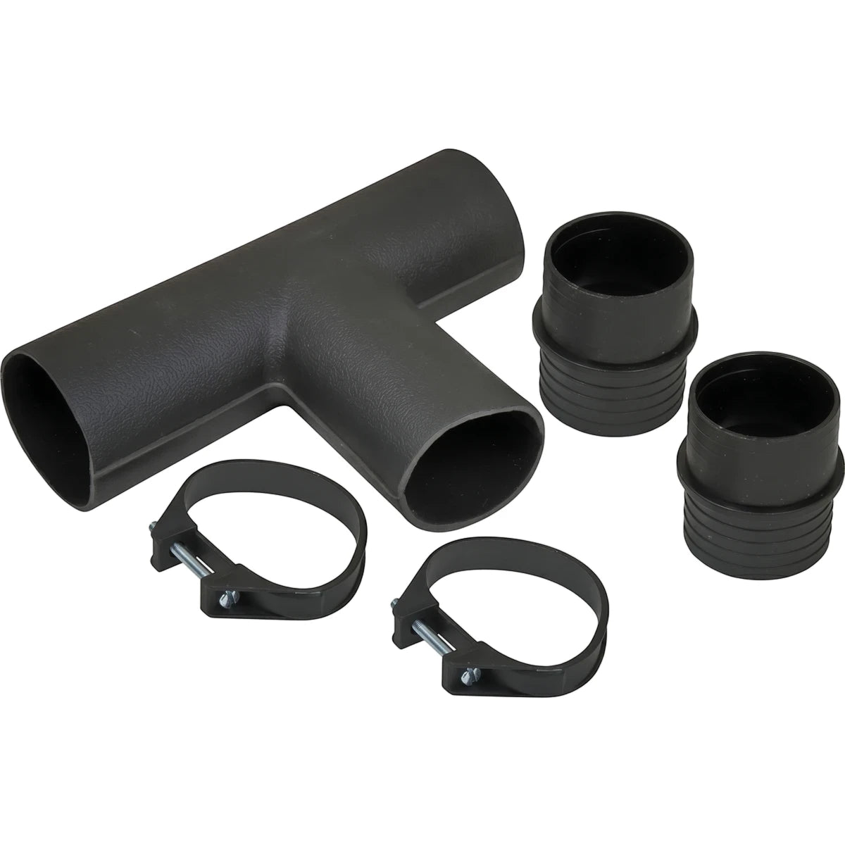 Dark gray plastic T-piece trap, 40mm x 300mm, with two matching couplers and two adjustable hose clamps for ducting.