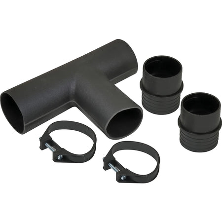 Dark gray plastic T-piece trap, 40mm x 300mm, with two matching couplers and two adjustable hose clamps for ducting.