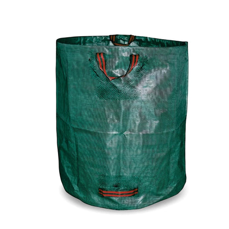 A dark green 272-liter round garden waste bag made from woven plastic, standing upright with red striped handles visible at