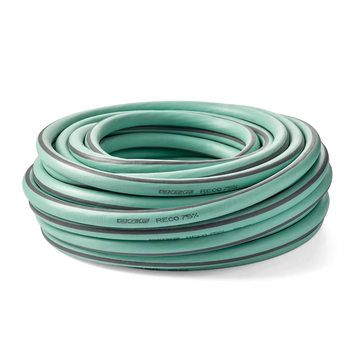 Coiled dark green recycled garden hose tube with gray stripes, 1/2 inch by 25 meters, for outdoor watering.