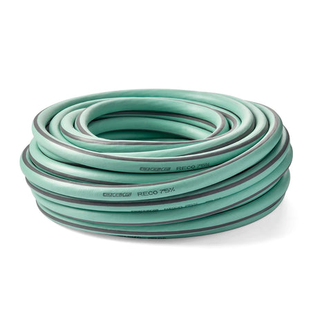 Coiled dark green recycled garden hose tube with gray stripes, 1/2 inch by 25 meters, for outdoor watering.
