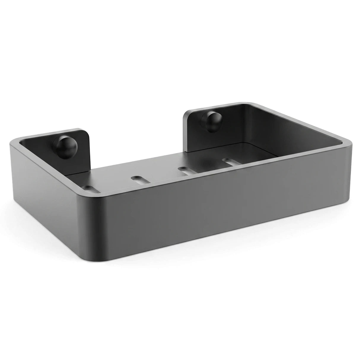 Dark grey matte metallic bathroom soap dish holder with drainage slots and rounded corners, viewed from an angle.