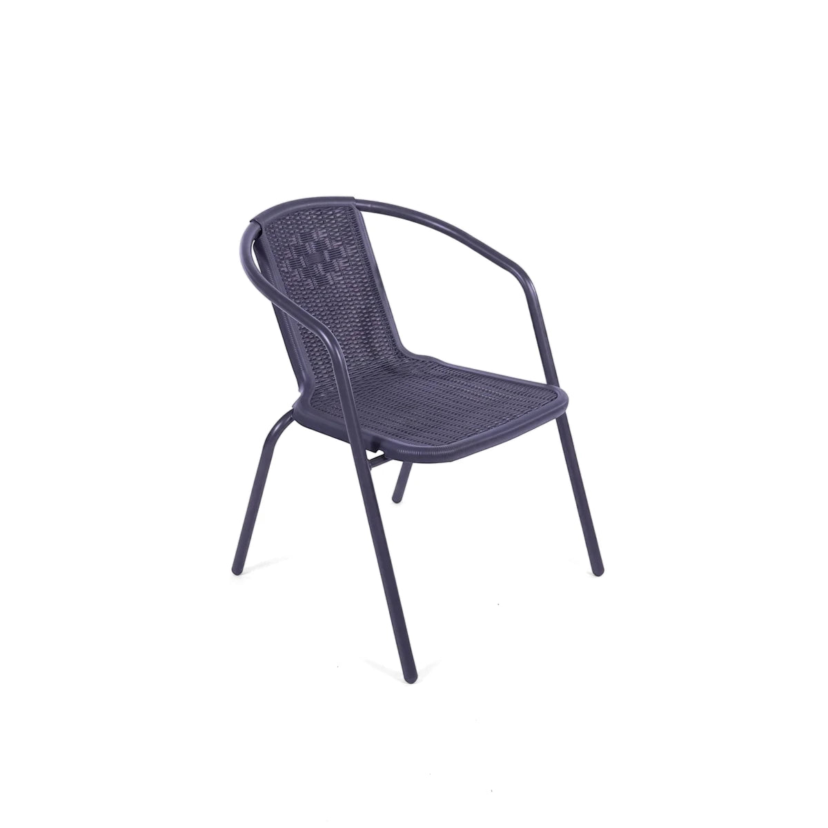 Dark grey outdoor bistro chair with a woven seat and back, and curved metal armrests, viewed from a slight angle on a white
