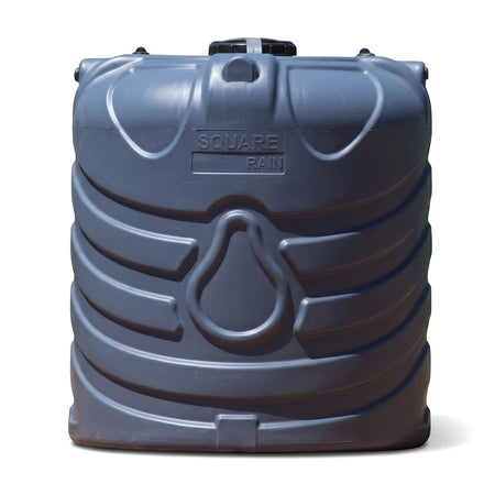 Dark grey PVC split water tank, 2500L capacity, shown from a straight-on view with ribbed sides and a central emblem.