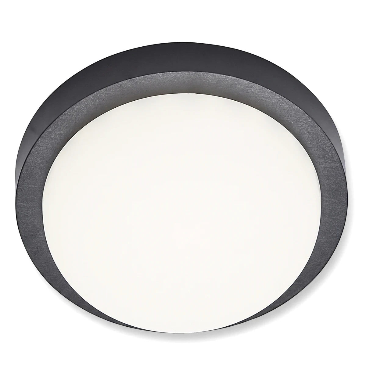 Dark grey round LED polycarbonate bulkhead light fitting with a white cover, designed for outdoor or bathroom use.