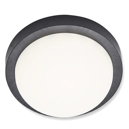 Dark grey round LED polycarbonate bulkhead light fitting with a white cover, designed for outdoor or bathroom use.