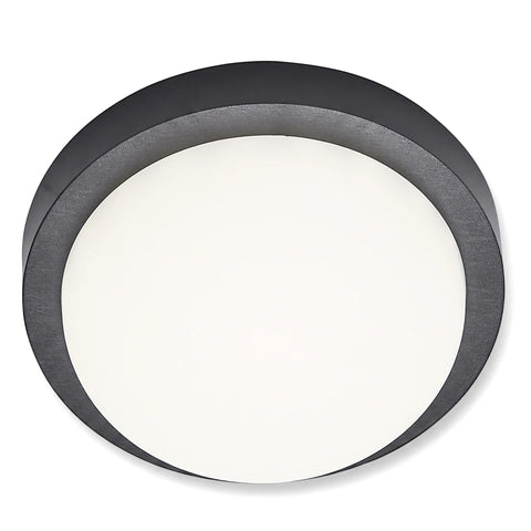 Dark grey round LED polycarbonate bulkhead light fitting with a white cover, designed for outdoor or bathroom use.