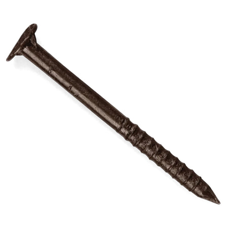 Dark Harvey Tile Roofing Nail, 50mm, with a ribbed shaft and pointed tip, viewed diagonally.