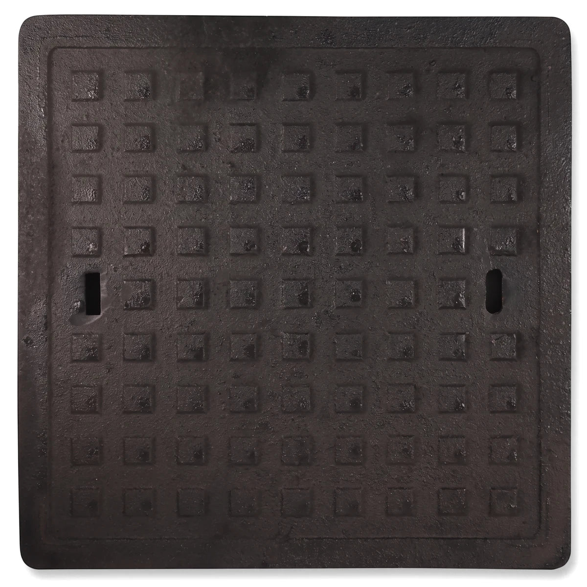 Dark square cast iron manhole cover with a grid pattern and two lifting holes, designed for light duty access.