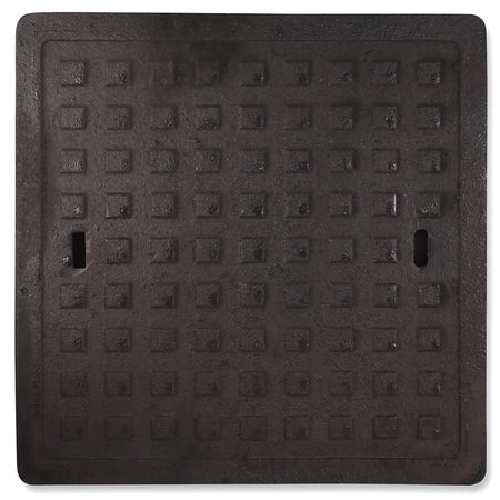 Dark square cast iron manhole cover with a grid pattern and two lifting holes, designed for light duty access.