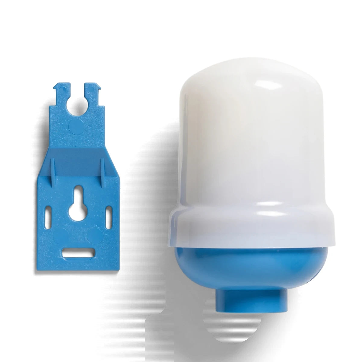 A blue and white 20amp outdoor day/night switch, cylindrical, with a separate blue mounting bracket, on a white background.