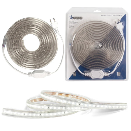 Daylight white LED strip light in a 5-meter coiled length with a power plug, alongside a blister-packed kit and a glowing